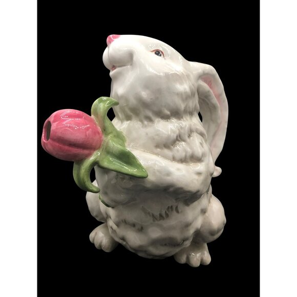 Magenta Rabbit-Shaped Ceramic Pitcher Holding Pink Tulip Vase Has Attitude - Picture 5 of 10